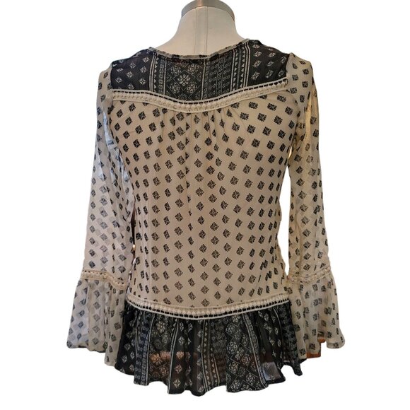 Boho Sheer Blouse Womens Size Small Black White Print Flowy Long Sleeve JJ3488 - Picture 4 of 8